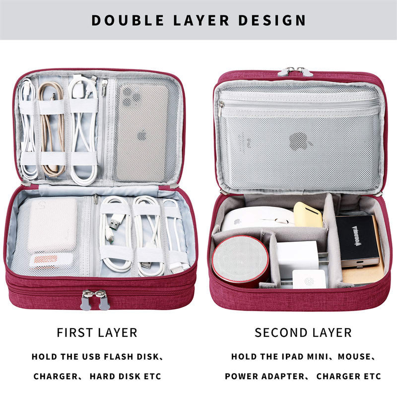 [Australia - AusPower] - Travel Cable Organizer Bag, Electronic Accessories Case Portable Double Layer Cable Storage Bag for Cord,Phone,Charger, Flash Drive, Phone, SD Card,Personal Items - (Red) S Red 