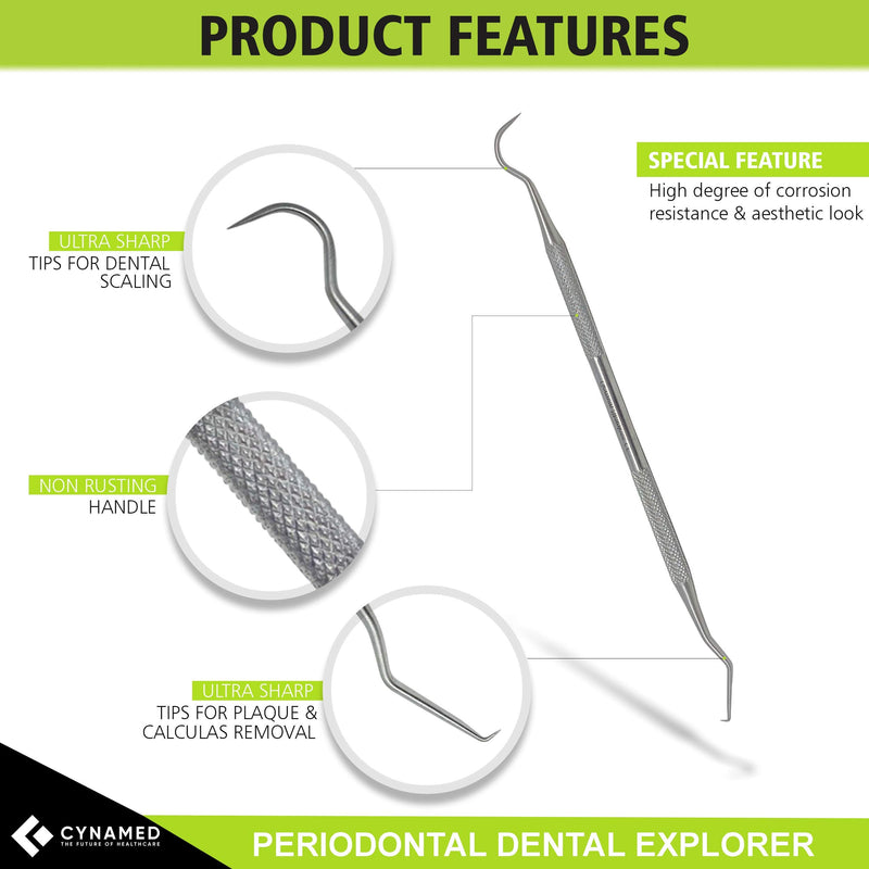 [Australia - AusPower] - Cynamed Double-Ended Professional Dental Explorer Scraper Tool - Dentist Pick, Medical Stainless Steel, Dental Tarter Scraper for Tooth Stains Remover, Dentist Home Use Tools(DE-17/23) DE-17/23 