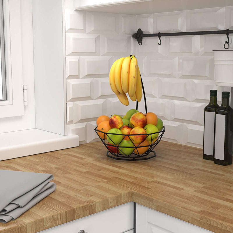 [Australia - AusPower] - Fruit Basket with Banana Hanger (Black, 1-Tier), Fruit Bowl with Banana Holder, Fruit Bowl for Kitchen Counter used as Bread Basket, Vegetable Basket, Fruit Stand or Egg Holder with Banana Tree Black 