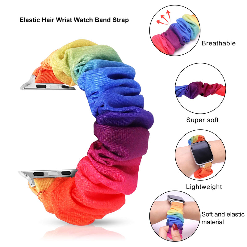 [Australia - AusPower] - Scrunchie Elastic Watch Band Compatible with Apple Watch,Cloth Soft Wristband Strap Women Elastic Scrunchy Band Compatible for iWatch Series 6/SE/5/4/3/2/1(38mm/40mm/42mm/44mm) Rainbow 38mm/40mm S/M 