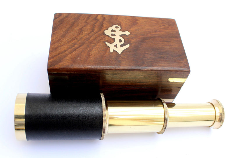 [Australia - AusPower] - 6" Nautical Handheld Pirate Brass Telescope with Anchor on Wooden Box, Sailor Home Decor Toy Gift 