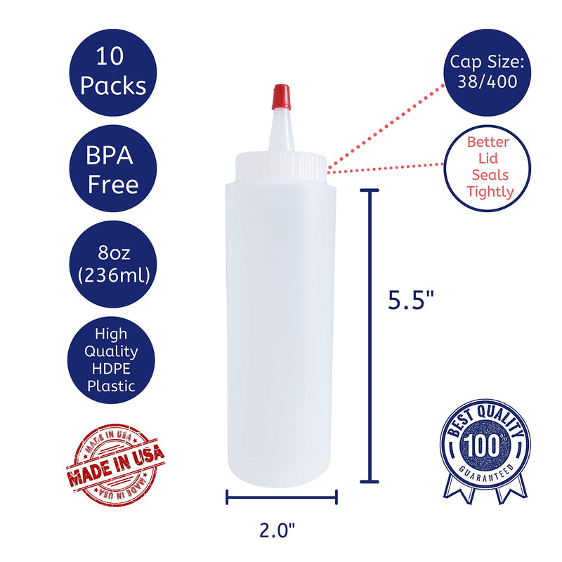 [Australia - AusPower] - kelkaa 8oz HDPE Plastic Squeeze Bottles with Wide Mouth Opening, Red Tip Yorker Caps with 0.030 Orifice for Condiments and Any Thick Liquids Products, Refillable Empty Bottles (Pack of 10) 