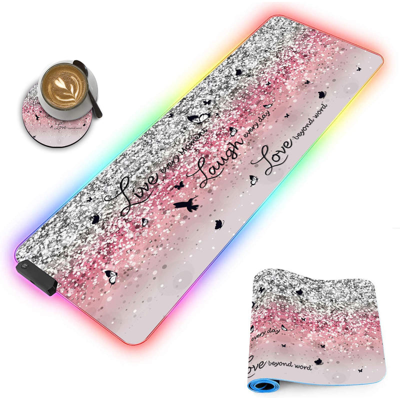 [Australia - AusPower] - CICPLKSE Customized RGB Gaming Mouse Pad and Coffee Coaster,Large Glowing Led Anti-Slip Rubber Base Computer Keyboard Desk Mouse Mat 31.4x11.8 Inch,Pink Glittering Live Laugh Love Pink Glittering Live Laugh Love 