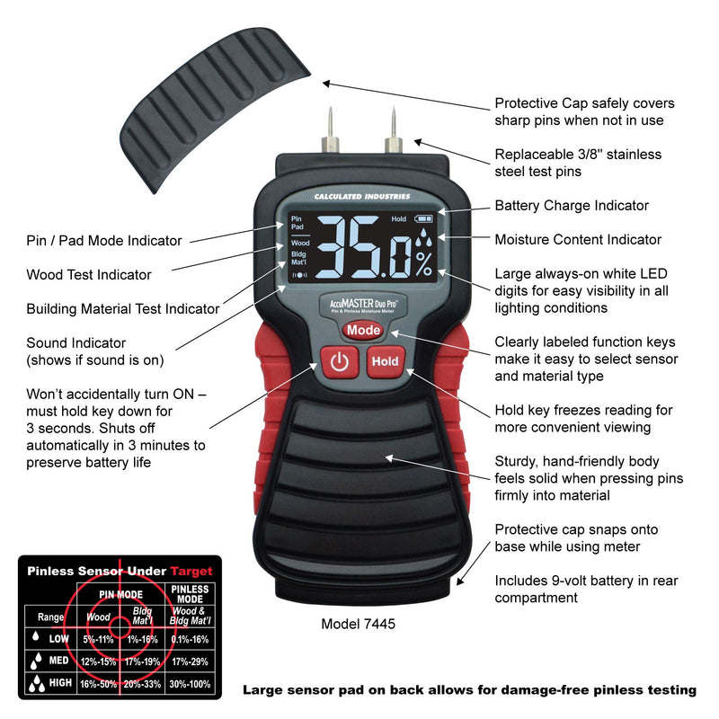 [Australia - AusPower] - Calculated Industries 7445 AccuMASTER Duo Pro Pin & Pinless Moisture Meter Detects Hidden Leaks and Moisture | Combo Non-invasive Pad + Pin Sensors | for Restoration Contractors, Woodworkers, DIYs Dual Pin+Pinless, Backlit LCD 