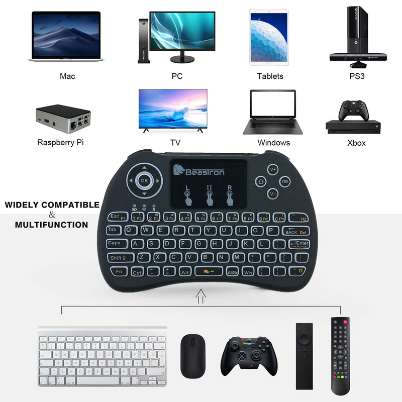 [Australia - AusPower] - Beastron 2.4G Mini Wireless Keyboard with Touchpad＆QWERTY Keyboard, Backlit Portable Keyboard Wireless with Remote Control for Laptop,PC,Tablets,Pad,Google Android TV,Xbox,PS3/4 .Black 