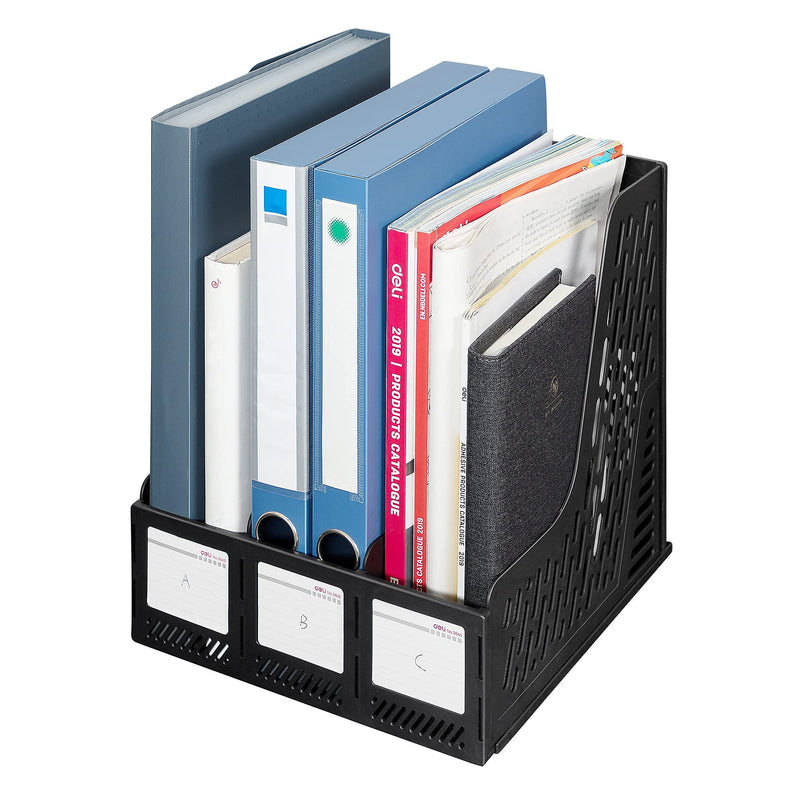 [Australia - AusPower] - Deli Magazine File Book Holder Desktop Organizer Vertical Document Folder for Office Organization, 3 Compartments, Black A - Black 