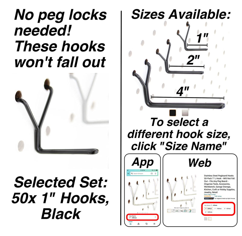 [Australia - AusPower] - Steel Pegboard Hooks 50-Pack 1" L-Hook - Will Not Fall Out - Fits Any Peg Board - Black - Organize Tools, Accessories, Workbench, Garage Storage, Kitchen, Craft or Hobby Supplies, Jewelry, Retail 1” - 50Pack 