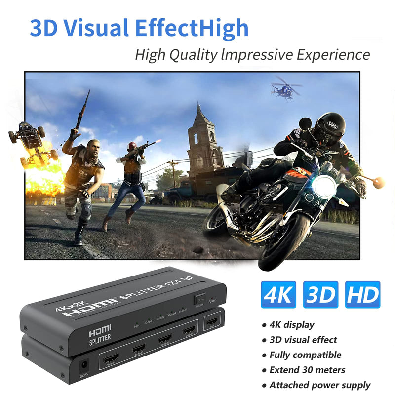 [Australia - AusPower] - HDMI Splitter 1 in 4 out-4K HDMI Splitter 1x4 HDMI Splitter for Multi-Screen Display, 4Kx2K@30Hz&3D Full HD 5V/1A Power HDMI Splitter, Suitable for Office teaching/PS4/HDTV/Store 