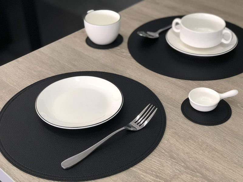 [Australia - AusPower] - Faux Leather Round Placemats and Coasters, Disko Table Mats and Drink Spills Coasters, Easy to Clean, Double Stitched for Kitchen Dining Table, Diameter 13''and 3.9'' Set of 4 Black 