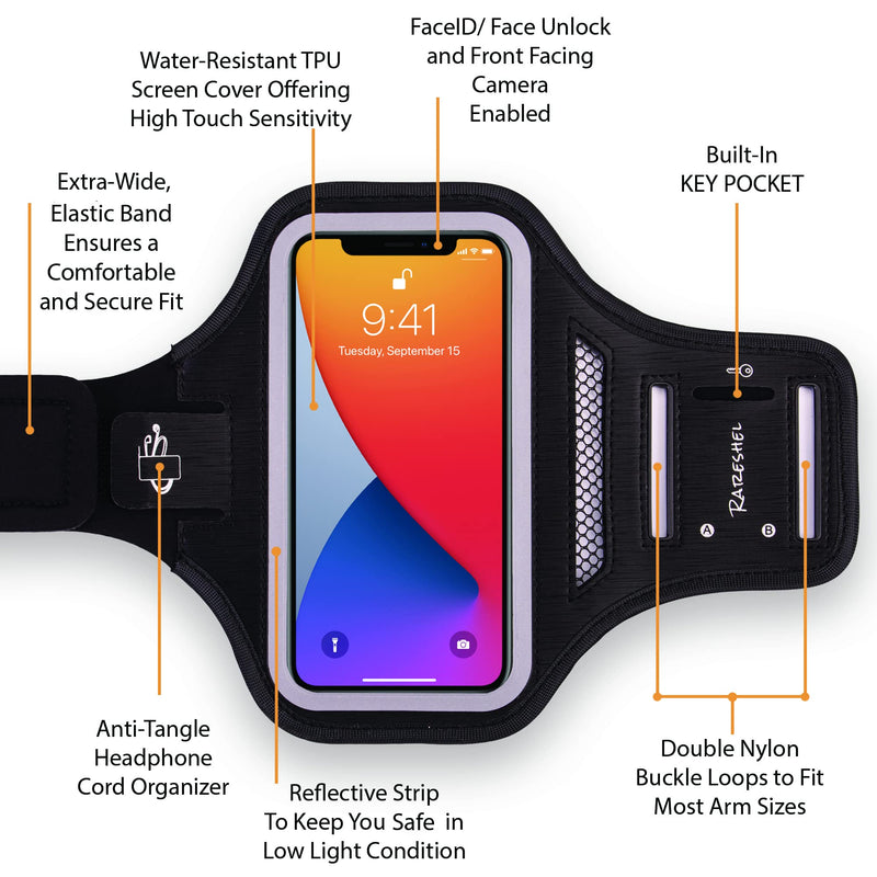 [Australia - AusPower] - Phone Armband Case with Waterproof Phone Case for iPhone 13 Mini/13/13 Pro/12 Mini/12/12 Pro/11/11 Pro/X/XR/XS/SE/8/7/6/5. Phone Arm Bands for Running by Rareshel, Black 