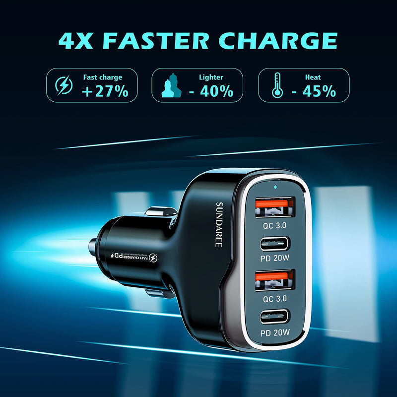 [Australia - AusPower] - SUNDAREE 4 USB c Ports Car Charger Fast Charging Cigarette Lighter Adapter, Dual QC 3.0 18W & PD 20W Car Phone Charger Compatible with iPhone 13 12 11 Pro Max X Xs, Samsung 