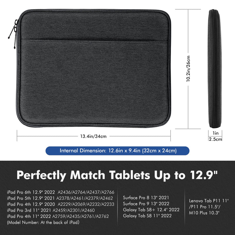[Australia - AusPower] - MoKo 12.9 Inch Tablet Sleeve Bag, Protective Bag with Two Compartments Fits iPad Pro 12.9 M2 2022/2021/2020/2018,Surface Laptop Go 12.4",Galaxy Tab S8+ 12.4", Black & Gray 