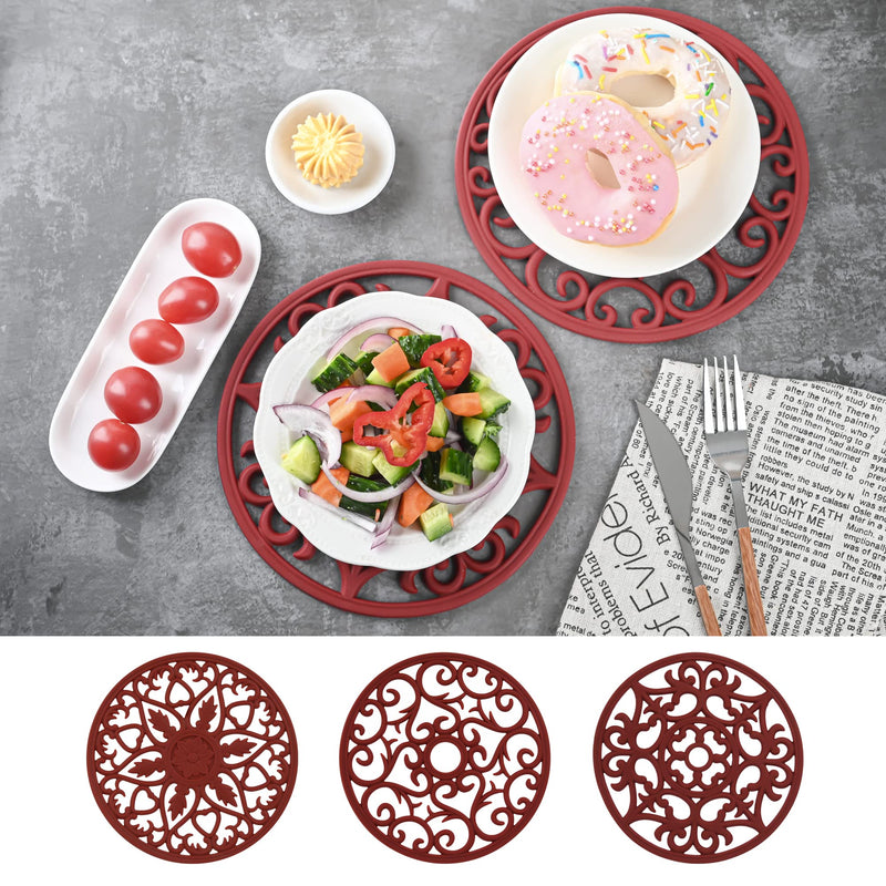 [Australia - AusPower] - Red Silicone Trivets Mats for Hot Pots and Pans, Multi Purpose Trivets Mat -Heat Resistant Silicone Trivet Intricately Carved Hot Pads Set of 6 