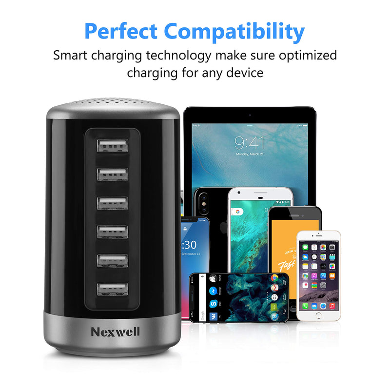 [Australia - AusPower] - USB Wall Charger, Nexwell 30W 6-Port Desktop Charger USB Charging Station with Smart Identification Technology for iPhone, iPad, Android and Virtually All Other USB Enabled Devices 30W Silver & Black 