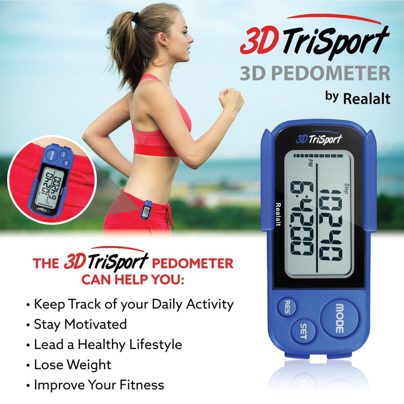 [Australia - AusPower] - Realalt 3DTriSport Walking 3D Pedometer with Clip and Strap, Free eBook | 30 Days Memory, Accurate Step Counter, Walking Distance Miles/Km, Calorie Counter, Daily Target Monitor, Exercise Time. 