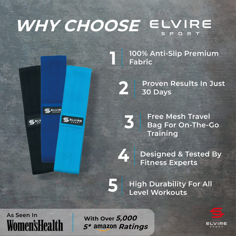 [Australia - AusPower] - ELVIRE Fabric Resistance Bands for Working Out. 2 Styles – Set of 3 Booty Bands for Glutes OR Set of 3 Long Resistance Bands for Full Body Workout | 3 Fitness Loop Bands Levels for Women & Men Blue & Black 