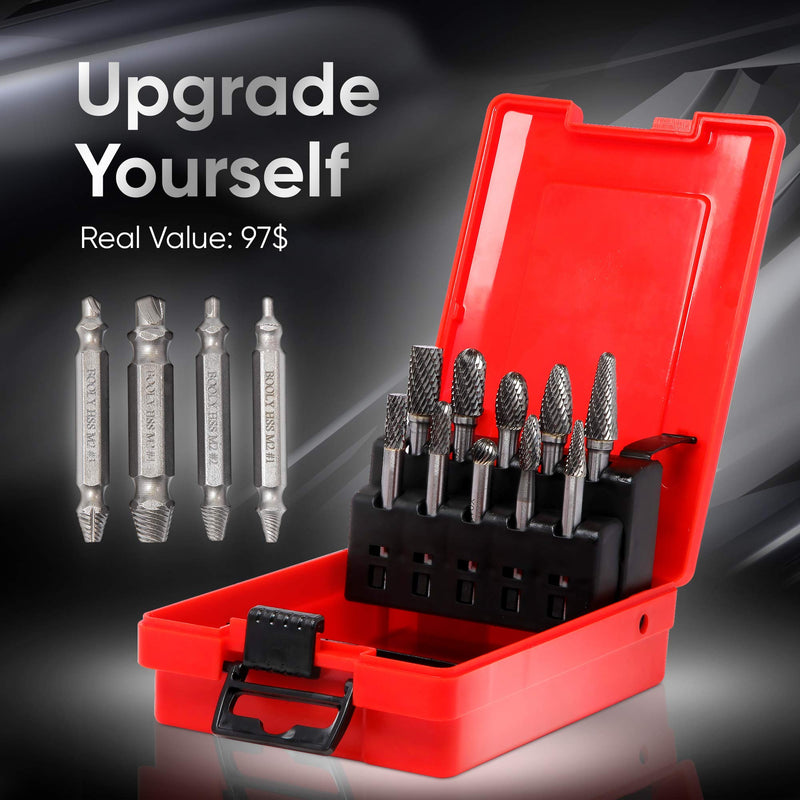 [Australia - AusPower] - Deluxe 10PC Grinding Bits Double Cut Tungsten Carbide Burr Set 1/4" Shank – Rotary File Die Grinder Burr Bits for Steel and Wood Working – Free M2 Stripped Screw Removal Hex Kit – 14PC Heavy Duty Set 