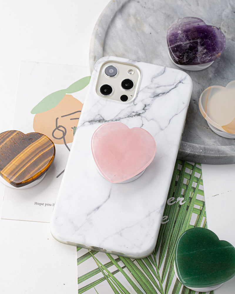 [Australia - AusPower] - Matte Stone Natural Handmade Heart-Shaped Rose Quartz Collapsible Grip & Stand for Phones and Tablets (Rose Crystal) 