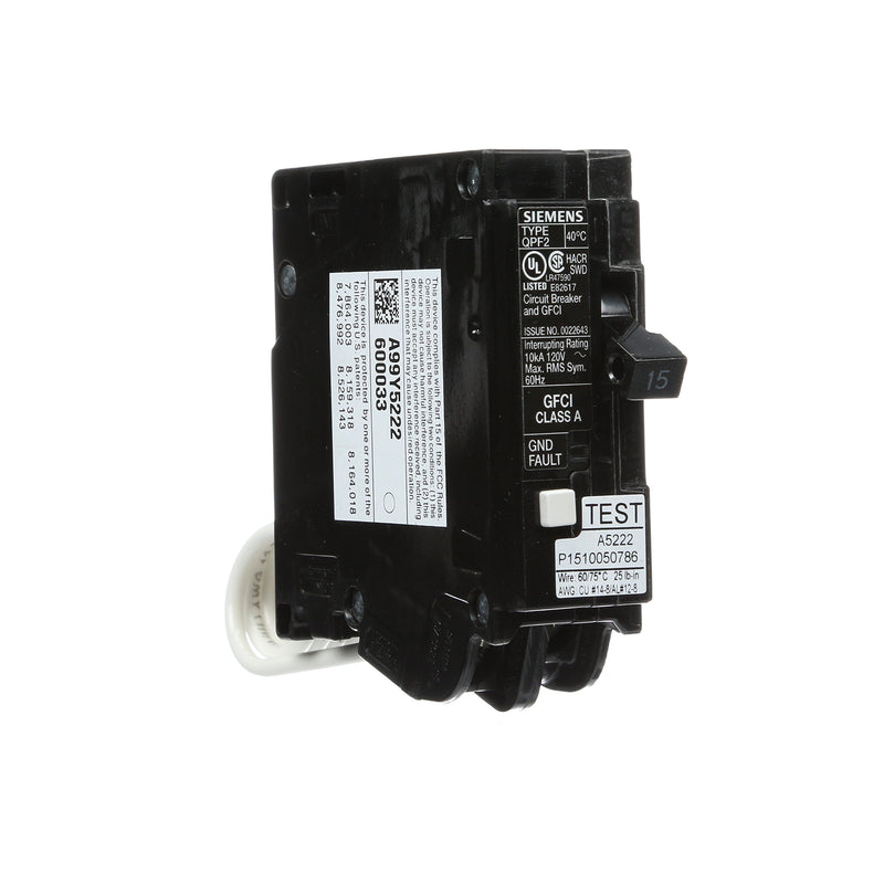 [Australia - AusPower] - Siemens QF115A SIEQF115A Ground Fault Circuit Interrupter, 15 Amp, 1 Pole, 120 Volt, 10,000 AIC, Black 
