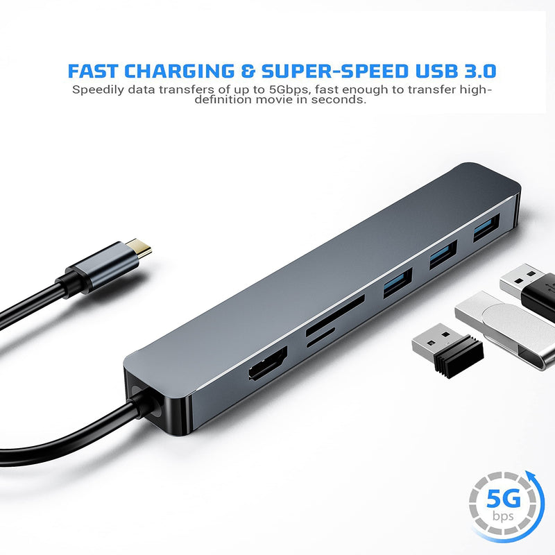 [Australia - AusPower] - pobod USB C Hub Multiport Adapter, 7-in-1 USB C Adapter, with 4K USB C to HDMI, VGA, 3 USB 3.0, SD/TF Card Reader, USB C Dock Compatible with for MacBook Pro, MacBook Air, iPad Pro, XPS Gray grey 