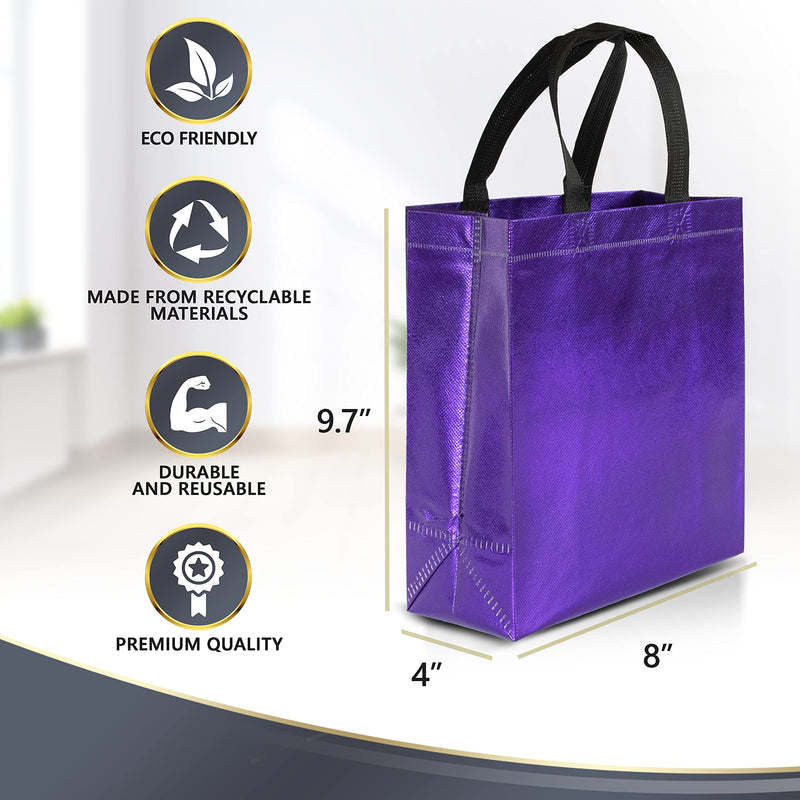 [Australia - AusPower] - 12 Purple Gift Bags Set, Non-woven Reusable Shiny Purple Small Gift Bags With Glossy Finish - Ideal As Birthday Bag, Favor Bags, Goodie bags for Wedding, Party, Christmas -8x4x10 Small- Medium Size Purple - Medium Size 