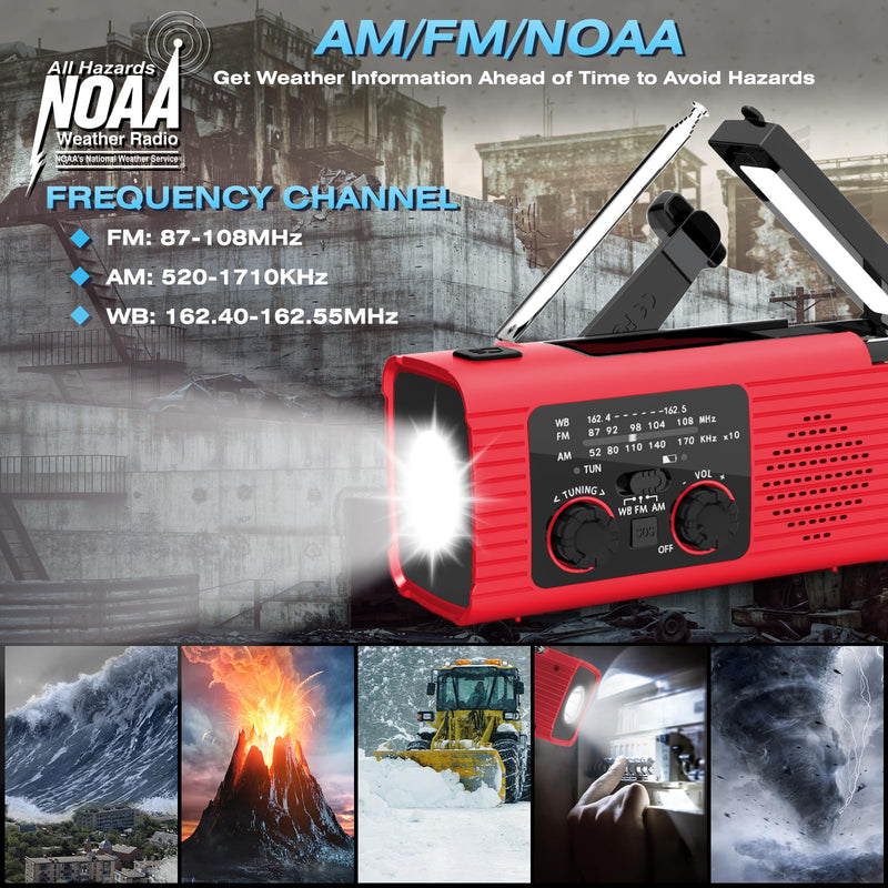 [Australia - AusPower] - 【2023 Newest】 NOAA Emergency Weather Radio, 4000mAh Weather Alert Radio Solar Charging, Hand Crank & USB Charged, AM/FM Radio with LED Flashlight, Reading Lamp, SOS Alarm, Headphone Jack for Outdoor Red 