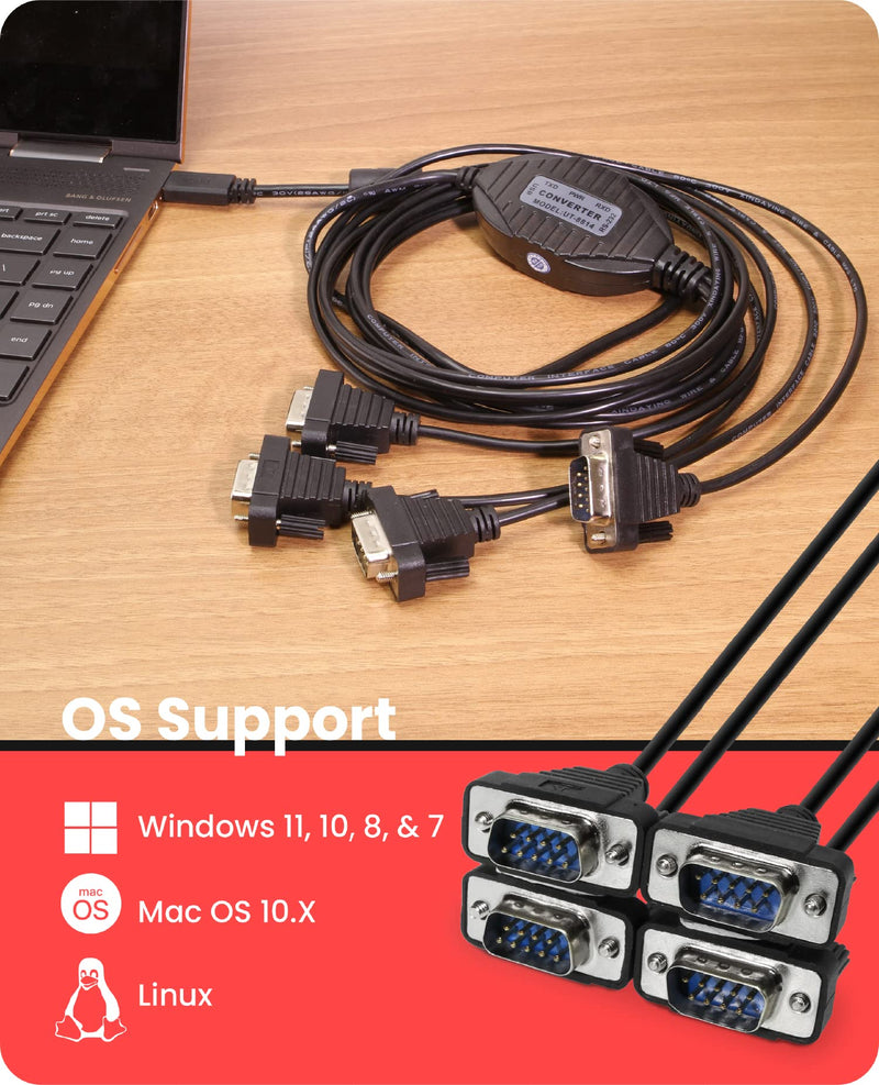 [Australia - AusPower] - Gearmo 4 Port USB Type-C to Serial Adapter with Per Port LED Rx / TX 