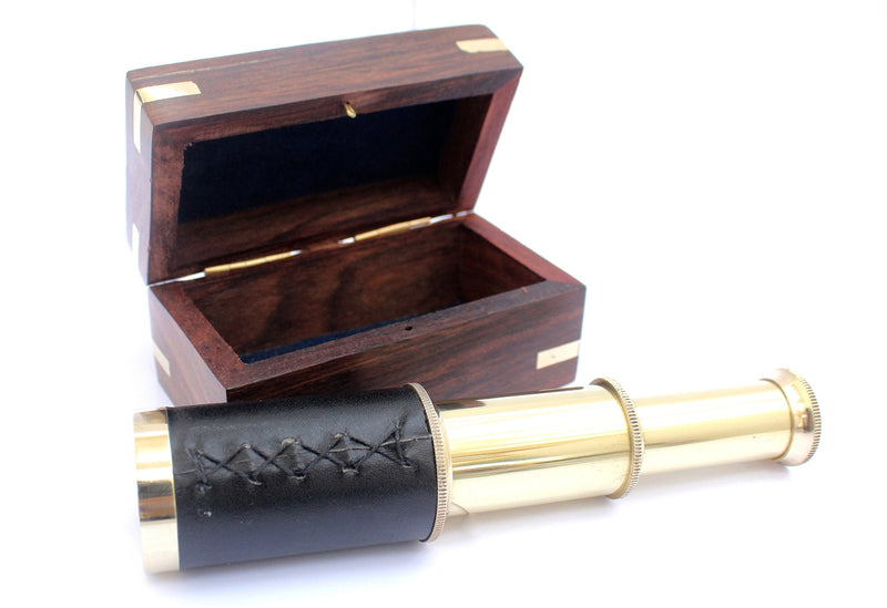 [Australia - AusPower] - 6" Nautical Handheld Pirate Brass Telescope with Anchor on Wooden Box, Sailor Home Decor Toy Gift 