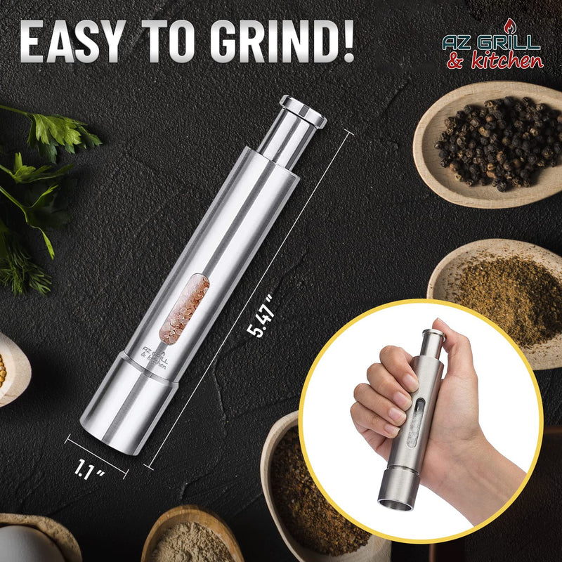 [Australia - AusPower] - Salt and Pepper Grinder Set - Refillable Stainless Steel Mill Shakers Mini with Push Button - Portable Modern One Hand Travel for Himalayan Pink Sea Salt Black Peppercorns Spice by AZ-GRILL & kitchen 