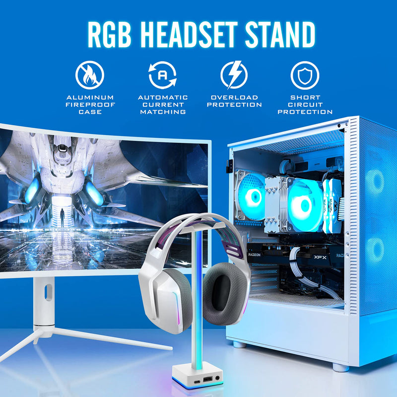 [Australia - AusPower] - EZDIY-FAB USB LED Light Bar Headphones Stand, Desktop Atmosphere RGB Backlight,50 Built-in Color Modes, Headphone Holder for Gamers Gaming PC PS5 Accessories Desk- White- 1 Pack 