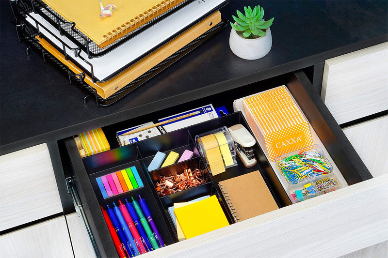 [Australia - AusPower] - CAXXA 2 Pack 3 Slot Drawer Organizer with Two Adjustable Dividers - Junk Drawer Storage for Office Desk Supplies and Accessories, Black (2 Pack) 