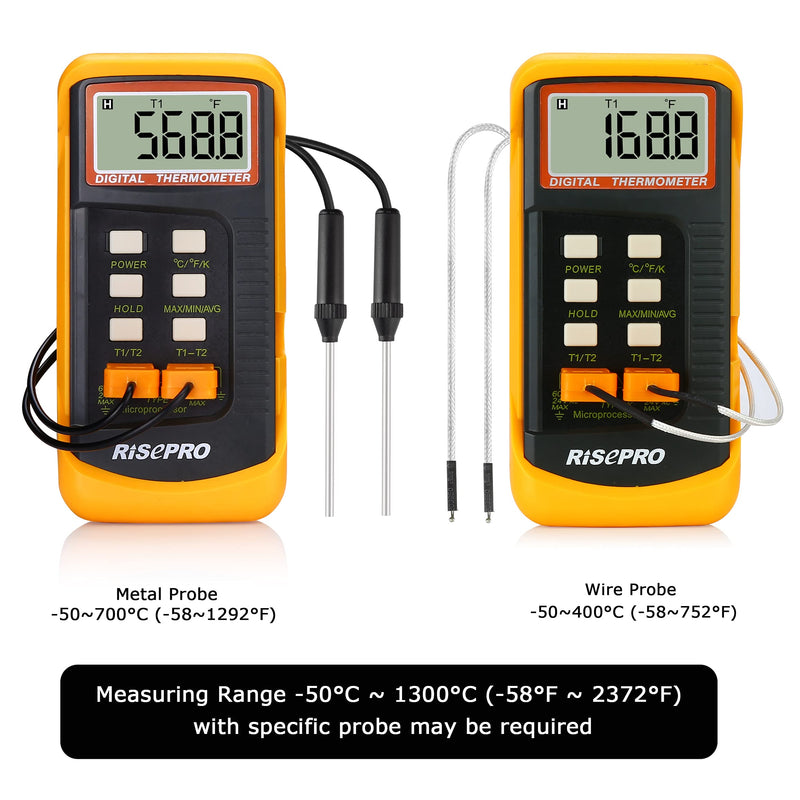 [Australia - AusPower] - RISEPRO Digital 2 Channels K-Type Thermometer w/ 4 Thermocouples (2 Wired & 2 Stainless Steel), -58~2372°F (-50~1300°C) Handheld Desktop High Temperature Kelvin Scale Dual Measurement Meter Sensor 
