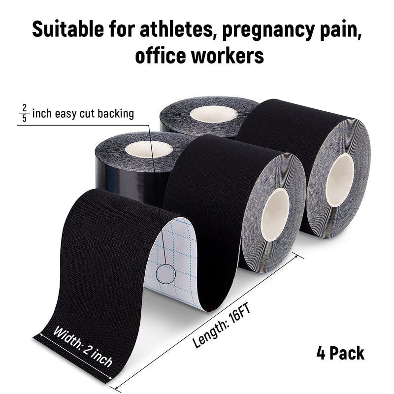 [Australia - AusPower] - 4 Pack Kinesiology Tape for Sports Athletes - 16 FT Waterproof Athletic Tape for The Knee, Elbow and Shoulder Muscles, etc.(5m X 5cm) (Black) Black 