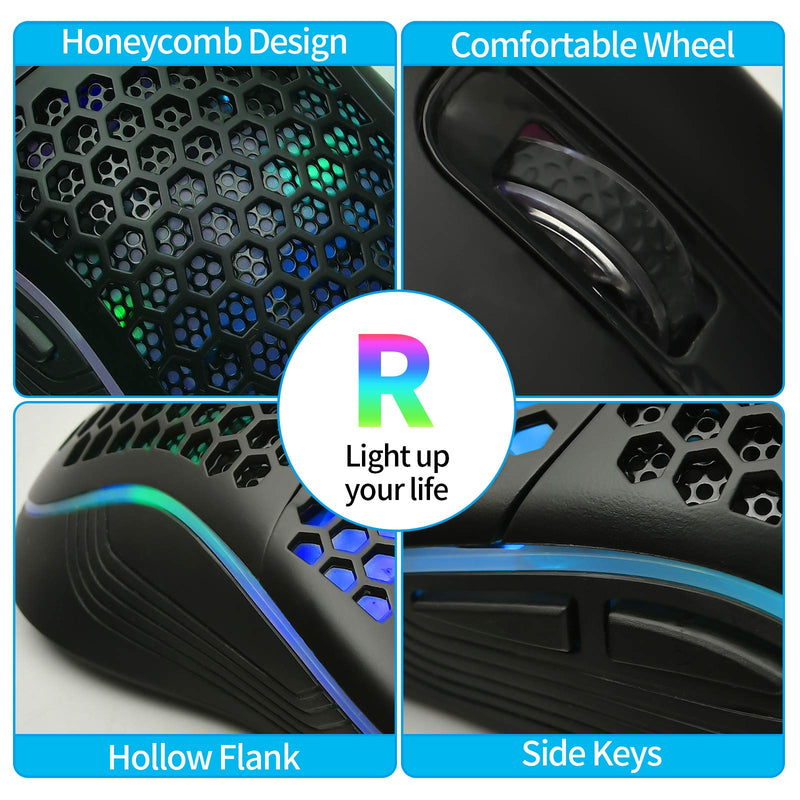 [Australia - AusPower] - Honeycomb Wired Gaming Mouse, RGB Backlight and 7200 Adjustable DPI, Ergonomic and Lightweight USB Computer Mouse with High Precision Sensor for Windows PC & Laptop Gamers (Black) Black 