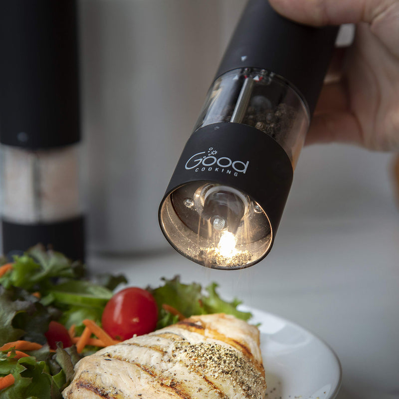 [Australia - AusPower] - Electric Pepper Grinder and Salt Mill (2 Pack)- Battery Operated One-Handed Spice Dispenser w LED Light & Adjustable Coarseness- Matte Black, Batteries Included 2 