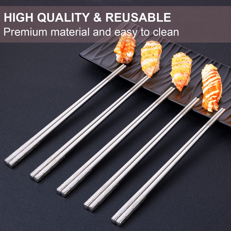[Australia - AusPower] - Metal Chopsticks Reusable 5 Pairs Stainless Steel Chopsticks Dishwasher Safe Square Lightweight Non-Slip Chop Sticks Gift Set (Silver) 