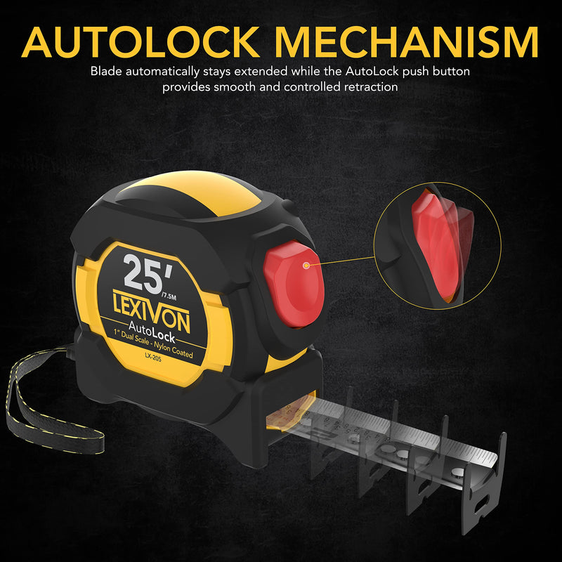 [Australia - AusPower] - LEXIVON 25Ft/7.5m AutoLock Tape Measure | 1-Inch Wide Blade with Nylon Coating, Matte Finish White & Yellow Dual Sided Rule Print | Ft/Inch/Fractions/Metric (LX-205) 25FT AutoLock 