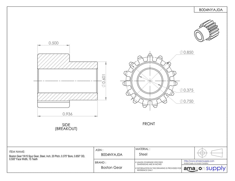 [Australia - AusPower] - Boston Gear YA15 Spur Gear, Steel, Inch, 20 Pitch, 0.375" Bore, 0.850" OD, 0.500" Face Width, 15 Teeth 20 Inches 0.500 Inches 0.850 Inches 0.375 Inches 