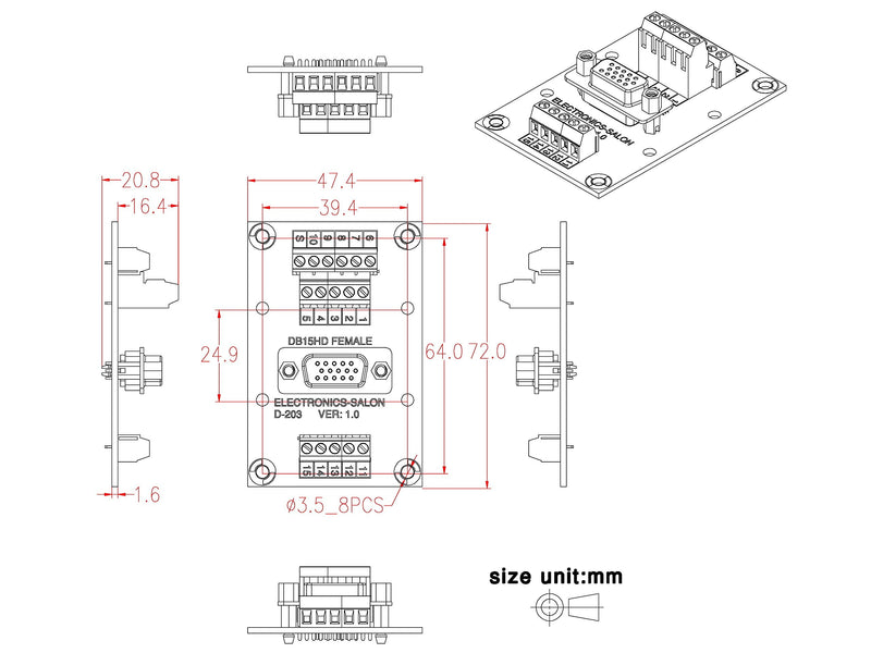 [Australia - AusPower] - Electronics-Salon D-SUB DB15HD Female Header Breakout Board, Terminal Block, Connector. 