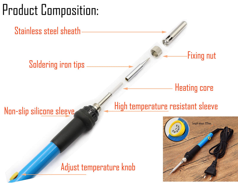 [Australia - AusPower] - LBY Electric Soldering Iron Kit, (60W ,110V) Adjustable Temperature Welding Tool, with 5pcs Soldering Tips, Soldering Iron Kit Electronics, Stainless Steel, Copper, (Blue) 