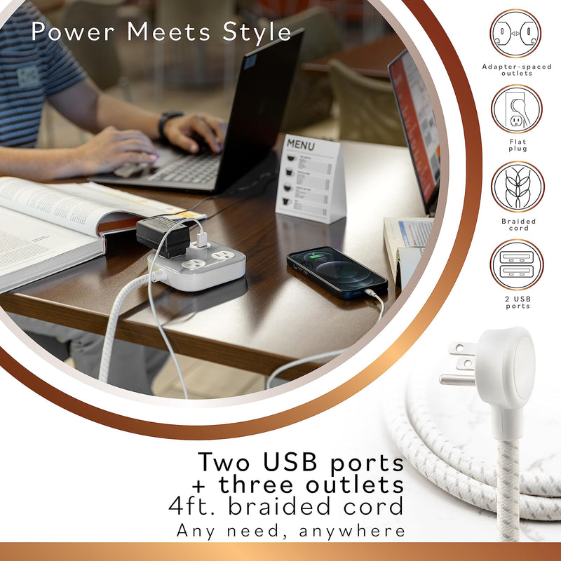 [Australia - AusPower] - Cordinate 3-Outlet Power Strip, 2 USB-A Ports (2.1A), Braided Cord, 4ft, Cream/Gray, 78847 Gray 3 Outlet | 2 USB-A 