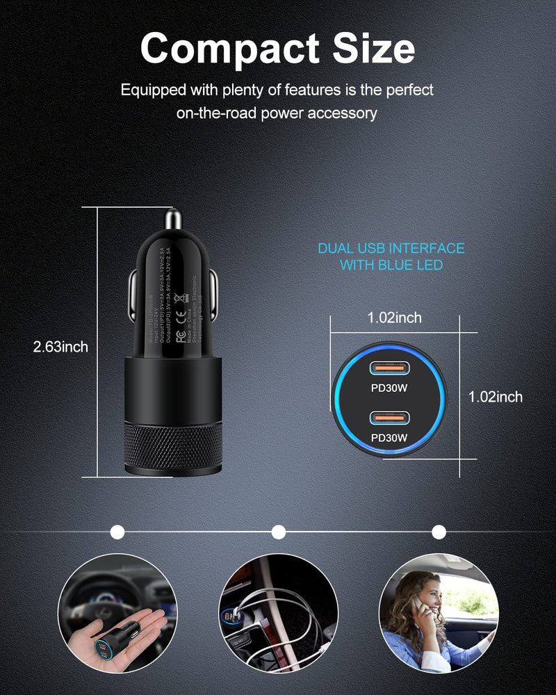 [Australia - AusPower] - USB C Car Charger, 60W Cigarette Lighter Flush Adapter, Type C Fast Charging Car Plug Block for iPhone 13 Pro Max, Samsung Galaxy S21 Ultra, Pixel 6 Pro,3A XL, LG Stylo, AILKIN Automobile USB PD Port 