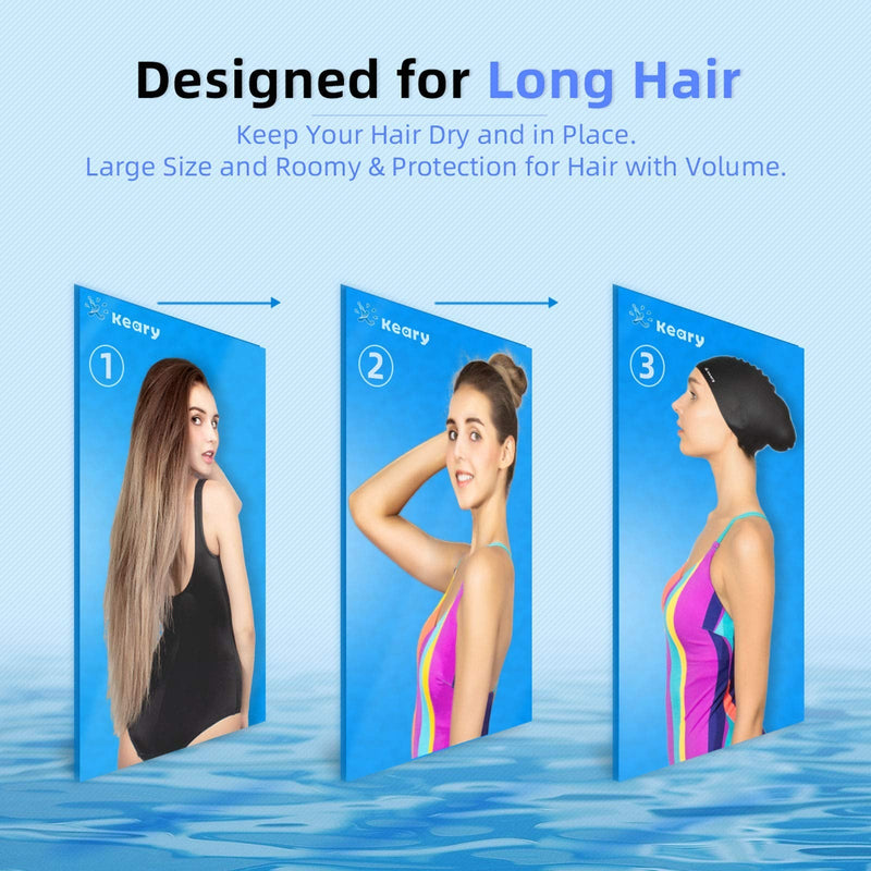 [Australia - AusPower] - Keary 2 Pack Updated Silicone Swim Cap for Long Hair Women Girl Waterproof Bathing Pool Swimming Cap Cover Ears to Keep Your Hair Dry, 3D Soft Stretchable Durable and Anti-Slip, Easy to Put On and Off 