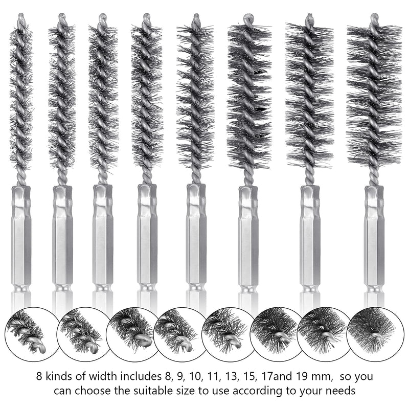 [Australia - AusPower] - 8 Pieces Wire Brush Drill Bore Cleaning Brush Set with 1/4 Inch Hex Shank Stainless Steel Wire Twisted Brush for Drill Impact Driver, 8 Sizes Silver 