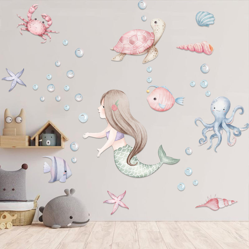 [Australia - AusPower] - MUWEOL Under The Sea Mermaid Wall Decals - Ocean Fish Turtle Wall Stickers Bathroom Girls Bedroom Baby Nursery Wall Decoration,Sea Animals Wall Stickers 