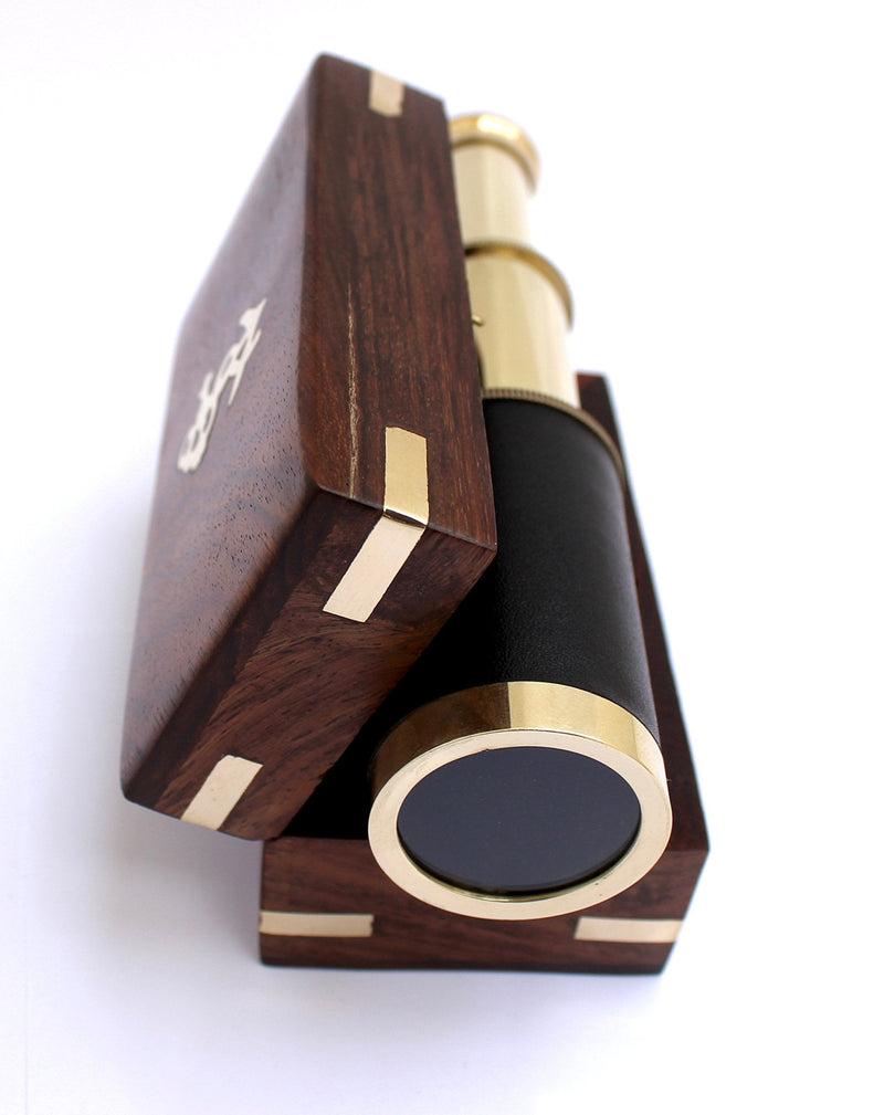 [Australia - AusPower] - 6" Nautical Handheld Pirate Brass Telescope with Anchor on Wooden Box, Sailor Home Decor Toy Gift 