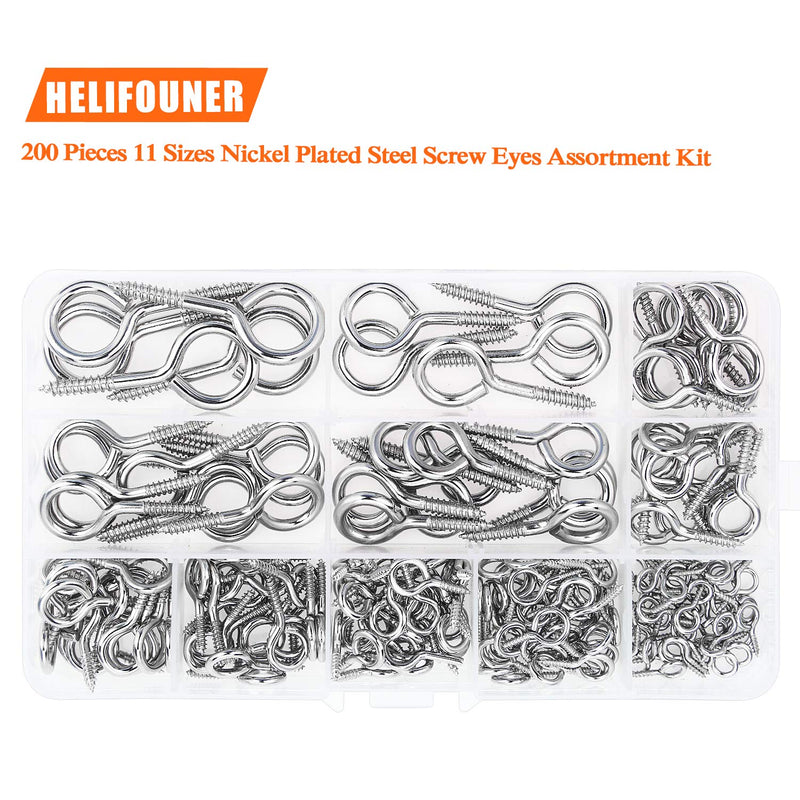 [Australia - AusPower] - HELIFOUNER 200 Pieces 11 Sizes Nickel Plated Steel Screw Eyes Assortment Kit 