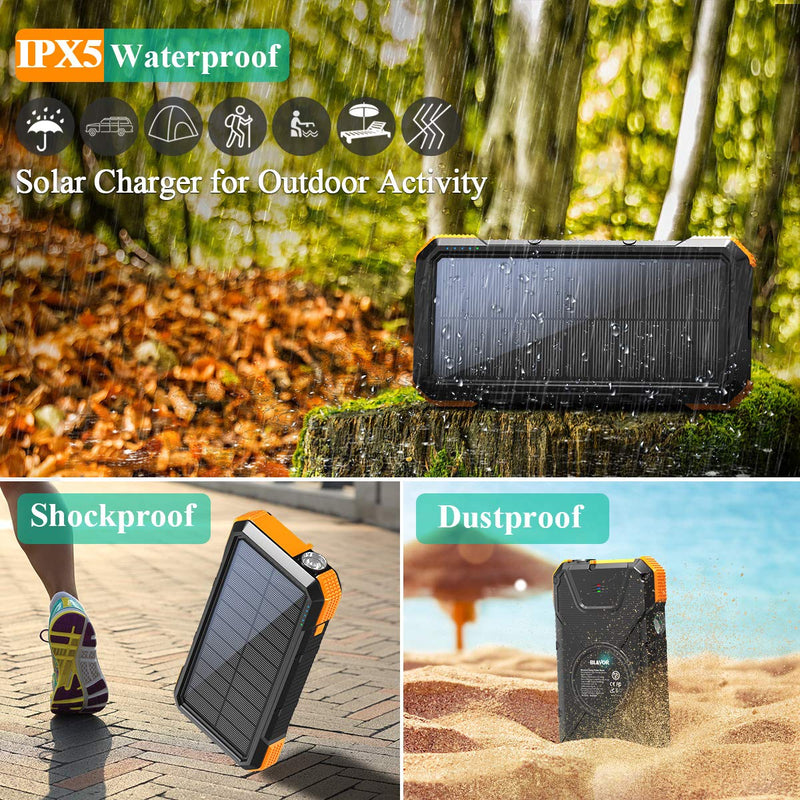 [Australia - AusPower] - BLAVOR Solar Charger Power Bank 18W, QC 3.0 Portable Wireless Charger 10W/7.5W/5W with 4 Outputs & Dual Inputs, 20000mAh External Battery Pack IPX5 Waterproof with Flashlight & Compass (Orange) Orange 