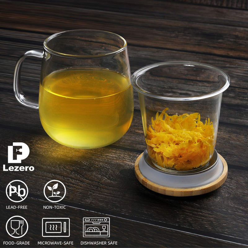 [Australia - AusPower] - Lezero Glass Tea Infuser Cups with Strainer and Lid, 15 ounce Heat Resistance Borosilicate Glass Teacups for Blooming Tea & Loose Leaf Tea, Lead-free, Microwave & Dishwasher Safe - For Tea Lovers 