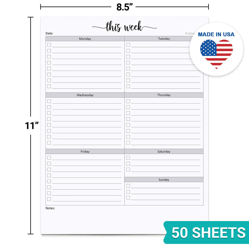 [Australia - AusPower] - 321Done Weekly Checklist Planning Pad - 50 Sheets (8.5" x 11") - This Week to Do Notepad Tear Off, Desktop Planner Large Letter-Size - Made in USA - Simple Script Letter Size (8.5" x 11") Checklists 